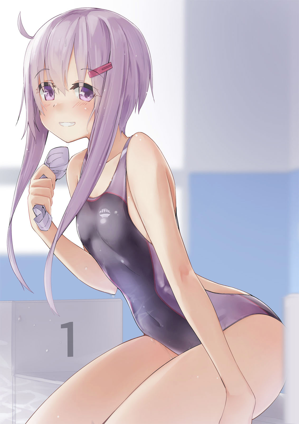 1girl bangs bare_arms bare_shoulders black_swimsuit breasts commentary_request covered_navel eyebrows_visible_through_hair eyes_visible_through_hair grin hair_between_eyes hair_ornament hairclip hat highres holding holding_clothes holding_hat indoors kanzen_bouon long_hair looking_at_viewer one-piece_swimsuit purple_hair purple_headwear sitting small_breasts smile solo swim_cap swim_cap_removed swimsuit violet_eyes vocaloid voiceroid yuzuki_yukari