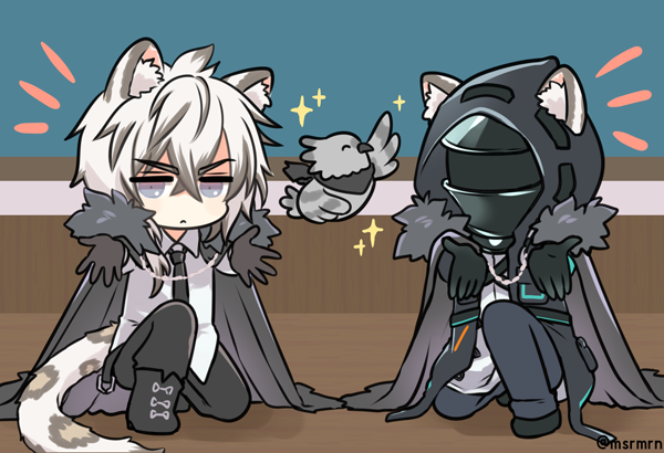 2boys ^_^ animal animal_ear_fluff animal_ears arknights bangs bird black_footwear black_gloves black_jacket black_neckwear black_pants boots brown_gloves cape closed_eyes collared_shirt doctor_(arknights) dress_shirt eyebrows_visible_through_hair fake_animal_ears fur-trimmed_cape fur_trim gloves grey_cape grey_eyes grey_hair hair_between_eyes hood hood_up hooded_jacket jacket leopard_ears leopard_tail long_sleeves looking_at_viewer male_focus marshmallow_mille multicolored_hair multiple_boys necktie one_knee open_clothes open_jacket outstretched_arms pants profile shirt silverash_(arknights) sparkle tail tenzin_(arknights) two-tone_hair white_hair white_shirt