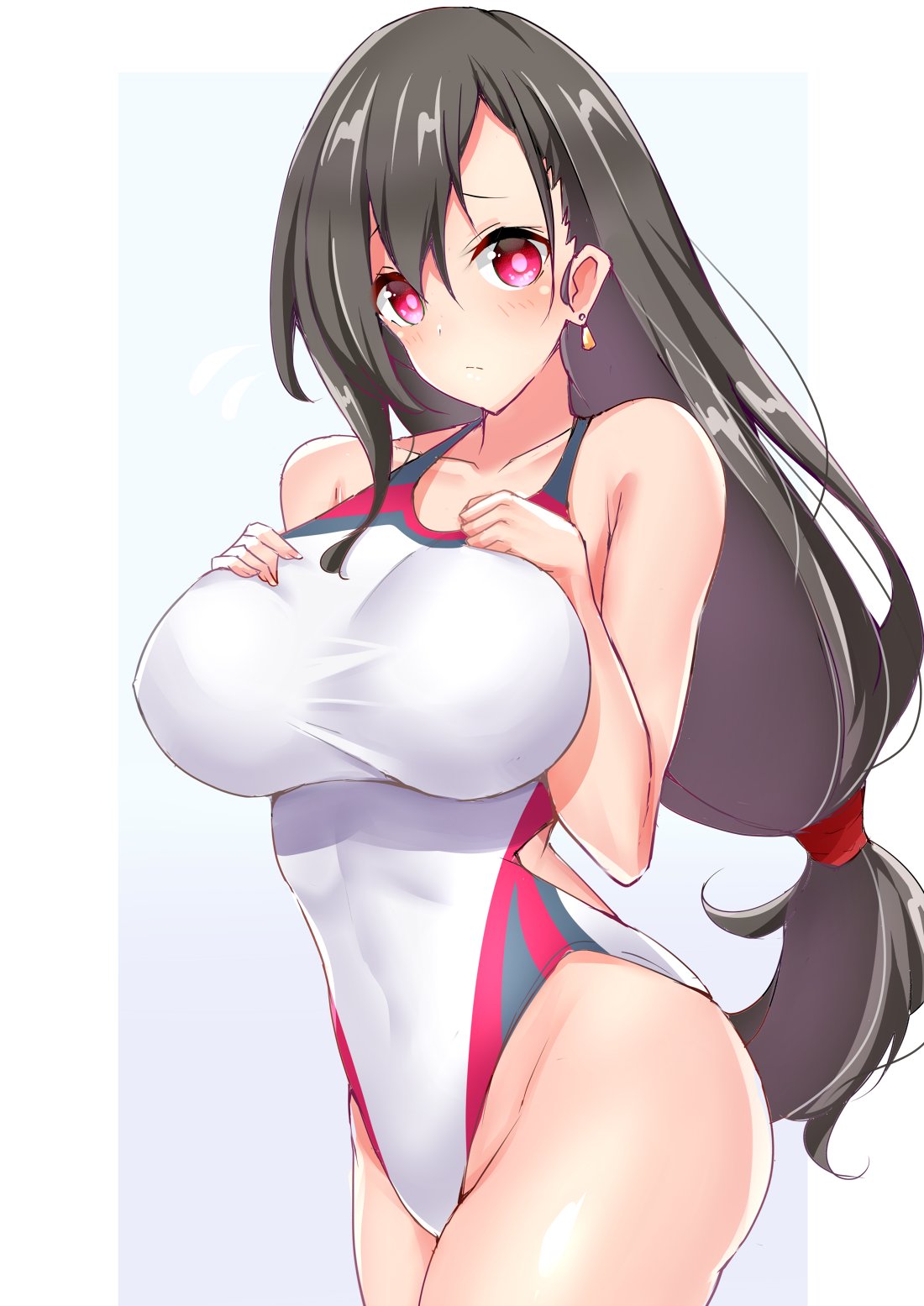 1girl bangs bare_shoulders black_hair blush breasts collarbone covered_navel earrings final_fantasy final_fantasy_vii hands_on_own_chest highleg highleg_swimsuit highres jewelry large_breasts long_hair looking_at_viewer low-tied_long_hair one-piece_swimsuit red_eyes sankakusui solo swept_bangs swimsuit thighs tifa_lockhart white_swimsuit