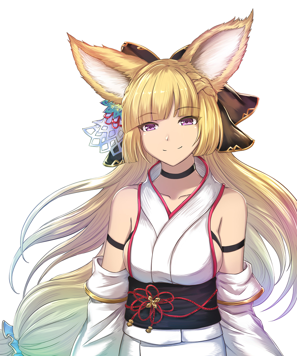 1girl bangs bare_shoulders black_sash blonde_hair blunt_bangs breasts choker closed_mouth collarbone detached_sleeves erune eyebrows_visible_through_hair granblue_fantasy hair_ornament hair_tie highres japanese_clothes kimono large_breasts long_hair long_sleeves looking_at_viewer sash simple_background smile solo violet_eyes white_background white_kimono yuisis_(granblue_fantasy) yukata yuki7128