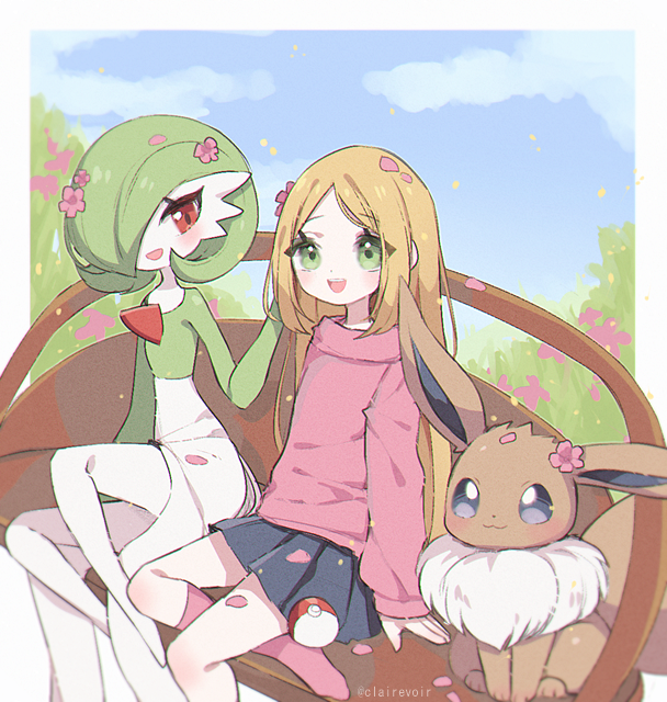 2girls :d bench black_skirt blonde_hair blue_sky clarevoir clouds cloudy_sky commentary day eevee english_commentary flower gardevoir gen_1_pokemon gen_3_pokemon green_eyes happy looking_at_viewer miniskirt multiple_girls no_shoes open_mouth original outdoors pink_legwear pokemon red_eyes signature sitting skirt sky smile socks