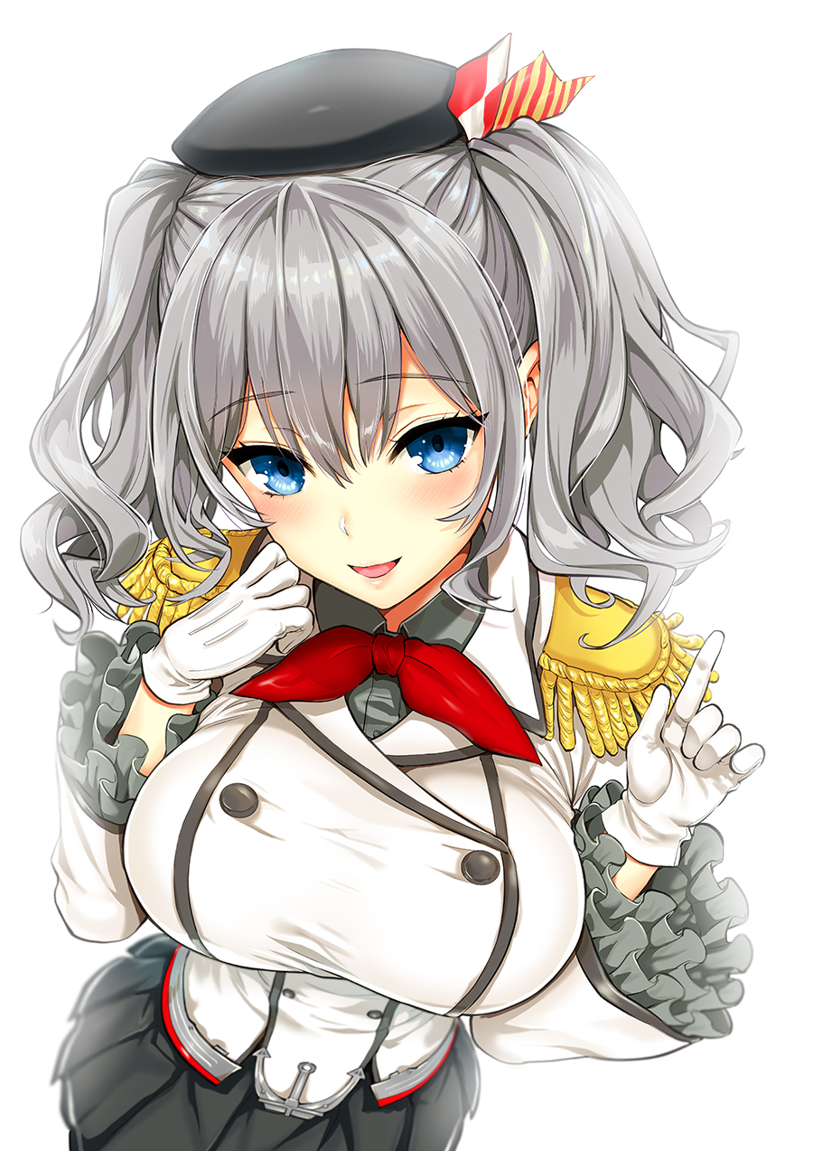1girl anchor beret black_skirt blue_eyes blush breasts buttons employee_uniform epaulettes eyebrows_visible_through_hair frilled_sleeves frills gloves grey_eyes hat highres jacket kantai_collection kashima_(kantai_collection) kojima_saya large_breasts long_hair long_sleeves looking_at_viewer military military_jacket military_uniform miniskirt neckerchief open_mouth pleated_skirt red_neckwear sidelocks silver_hair simple_background skirt smile solo tongue twintails uniform wavy_hair white_background white_gloves white_jacket