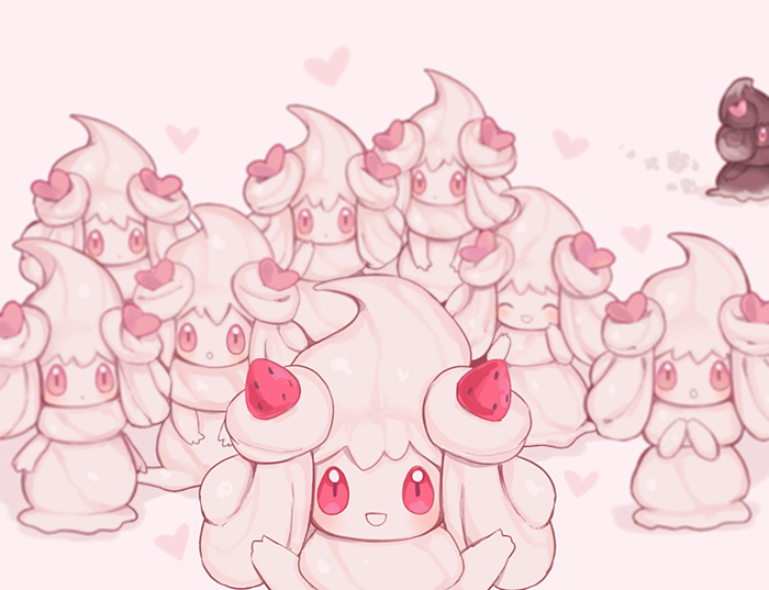 :d :o ^_^ alcremie alternate_color clarevoir closed_eyes commentary creature english_commentary facing_viewer food fruit gen_8_pokemon happy looking_at_viewer no_humans open_mouth pokemon pokemon_(creature) red_eyes shiny_pokemon simple_background smile standing strawberry too_many white_background