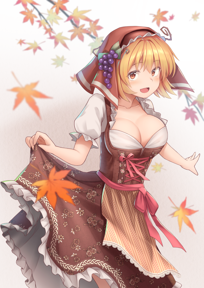 1girl aki_minoriko alternate_costume apron arm_up autumn_leaves bangs belt blush bow branch breasts brown_apron brown_dress brown_eyes brown_flower brown_headwear brown_rose brown_scarf clothing_request collarbone dress eyebrows_visible_through_hair eyes_visible_through_hair floral_print flower food frills fruit gradient gradient_background grapes green_bow grey_background grey_shirt hair_between_eyes hands_up head_scarf highres large_breasts leaf leaf_print looking_at_viewer open_mouth orange_hair pants pink_belt pink_bow pink_flower polka_dot puffy_short_sleeves puffy_sleeves rose rose_print scarf shiratsuki_shiori shirt short_hair short_sleeves smile solo standing striped striped_apron touhou