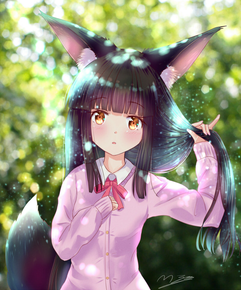 1girl animal_ear_fluff animal_ears azur_lane bangs black_hair blunt_bangs blush breasts brown_eyes cardigan dappled_sunlight eyebrows_visible_through_hair floral_background fox_ears fox_girl fox_tail hair_ornament long_hair long_sleeves looking_at_viewer m_ko_(maxft2) nagato_(azur_lane) neck_ribbon open_mouth pink_cardigan red_ribbon ribbon school_uniform shirt solo sunlight tail very_long_hair white_shirt yellow_eyes