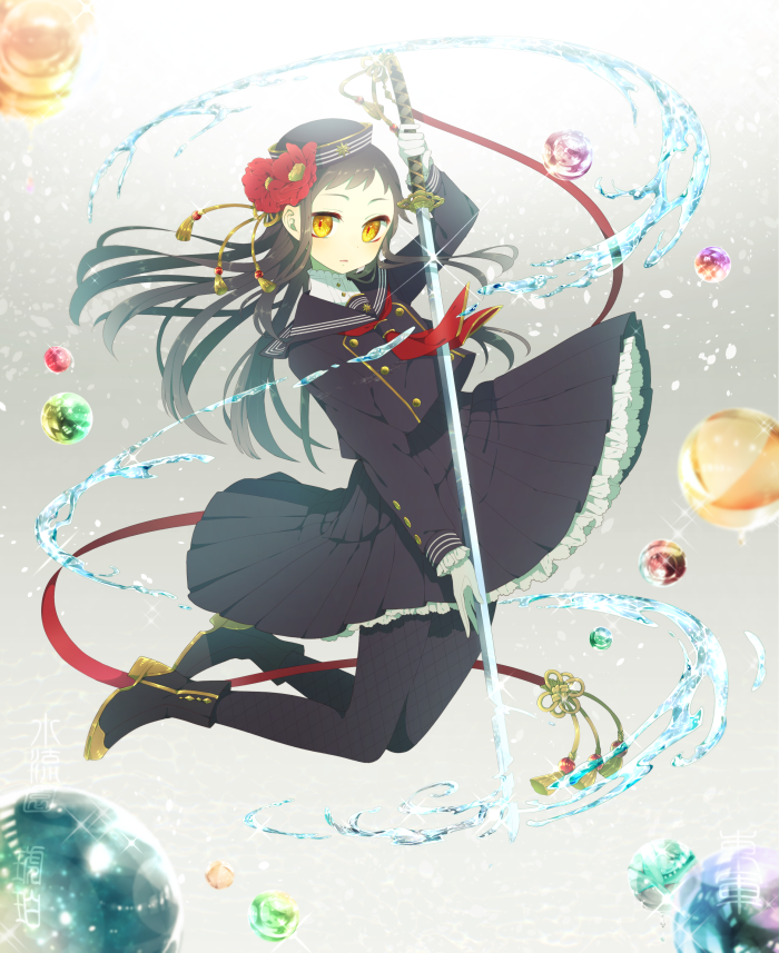 1girl black_footwear black_hair black_headwear black_legwear black_sailor_collar black_serafuku black_skirt boots camellia dixie_cup_hat floating flower gold_trim hair_flower hair_ornament hat holding holding_sword holding_weapon katana long_hair looking_at_viewer mamyouda military_hat neckerchief original pantyhose pleated_skirt red_neckwear sailor_collar school_uniform serafuku short_bangs sidelocks skirt solo sword touran-sai tsuruzono_kohaku very_long_hair water water_drop weapon yellow_eyes