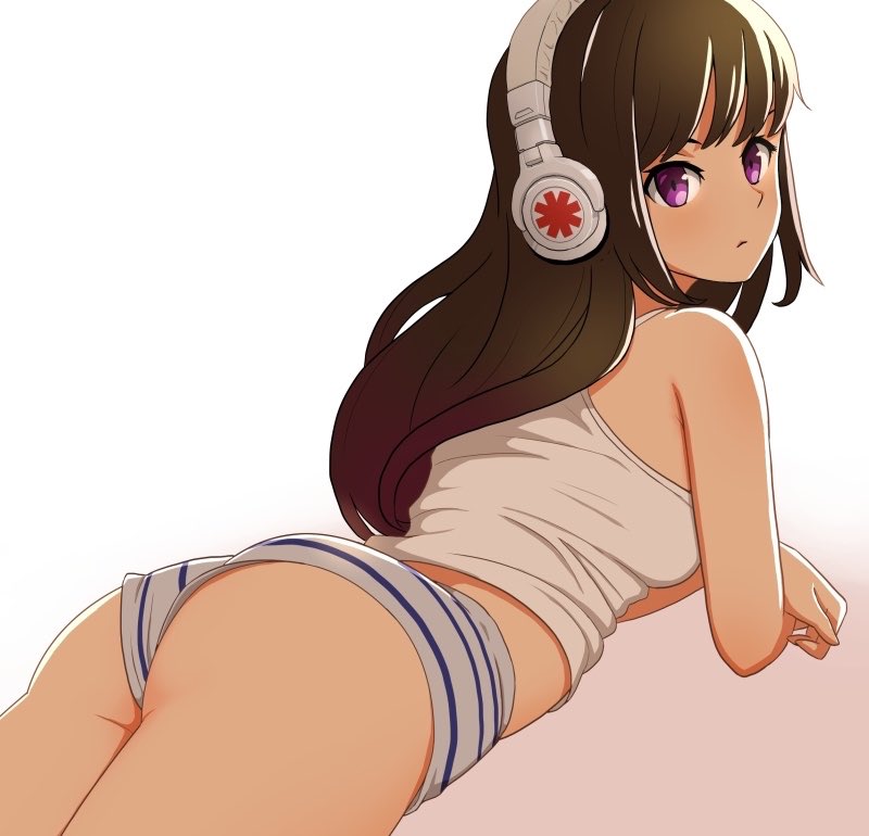 1girl ass bangs black_hair blue_panties closed_mouth commentary dutch_angle from_behind headphones katouken_(ktn-works) light_frown long_hair looking_at_viewer looking_back lying on_stomach original panties shirt solo striped striped_panties tank_top underwear violet_eyes white_background white_shirt