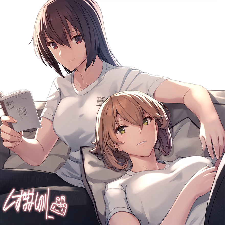 2girls alternate_costume artist_name black_hair black_pants book breasts brown_hair denim green_eyes jeans kantai_collection large_breasts long_hair lying multiple_girls mutsu_(kantai_collection) nagato_(kantai_collection) official_art on_back pants reading red_eyes shirt shizuma_yoshinori short_hair short_sleeves signature stay_at_home t-shirt white_shirt