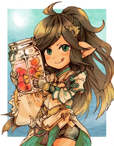 1girl :p ahoge bike_shorts black_hair brown_eyes food fruit gloves granblue_fantasy hair_ornament hairpin harvin jar koji_aotokage long_hair looking_at_viewer pointy_ears polaris_(granblue_fantasy) ponytail sepia solo tongue tongue_out