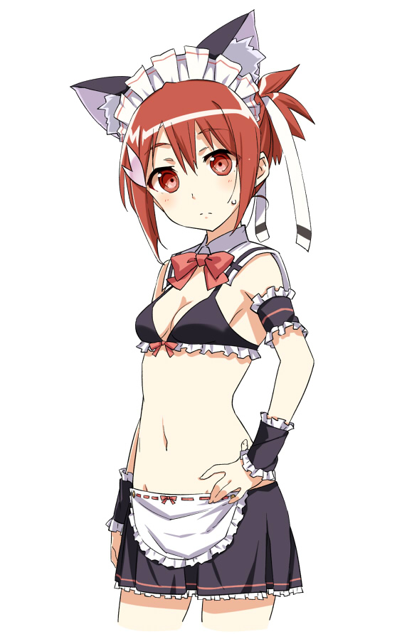 1girl alternate_costume animal_ears apron bikini black_skirt bow bow_bikini bowtie breasts cat_ears closed_mouth collar commentary cowboy_shot detached_collar enmaided eyebrows_visible_through_hair fake_animal_ears frilled_armband frilled_bikini frills frown hair_ribbon hand_on_hip head_tilt looking_at_viewer maid maid_bikini one_side_up red_eyes red_neckwear redhead ribbon shikou_sakugo_(qqap9gt9k) short_hair simple_background skirt small_breasts solo standing sweatdrop swimsuit waist_apron white_apron white_background white_collar white_ribbon wing_collar wristband yuuki_yuuna yuuki_yuuna_wa_yuusha_de_aru yuusha_de_aru