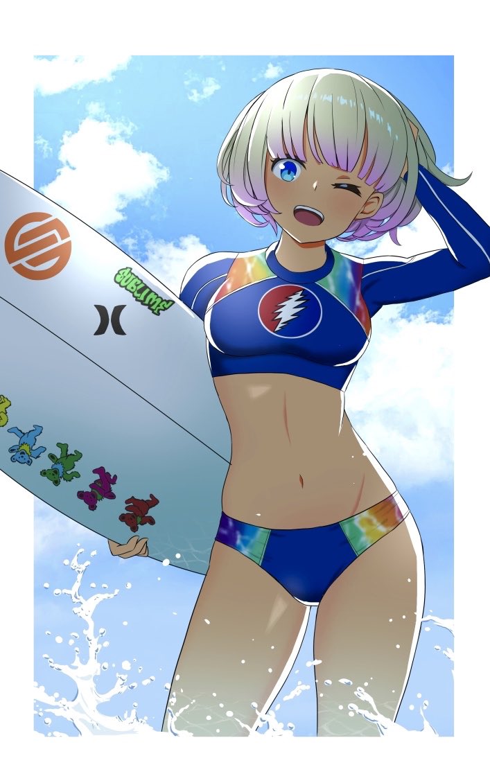 1girl ;d bangs bikini blue_bikini blue_eyes blue_sky blunt_bangs bob_cut clouds cloudy_sky commentary cowboy_shot dark_skin day droplet hand_on_own_head holding holding_surfboard ktn_studio long_sleeves looking_at_viewer multicolored multicolored_bikini multicolored_clothes navel one_eye_closed open_mouth original outside_border short_hair silver_hair sky smile solo splashing standing surfboard swimsuit wading water