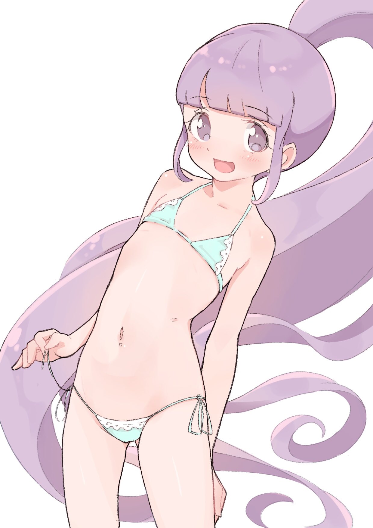 1girl aqua_bikini bangs bikini blunt_bangs blush breasts character_request collarbone copyright_request eyebrows_visible_through_hair flat_chest high_ponytail highres hyakumangoku_masurao leaning_to_the_side long_hair looking_at_viewer navel open_mouth purple_hair side-tie_bikini smile solo standing stomach string_bikini swimsuit untying very_long_hair