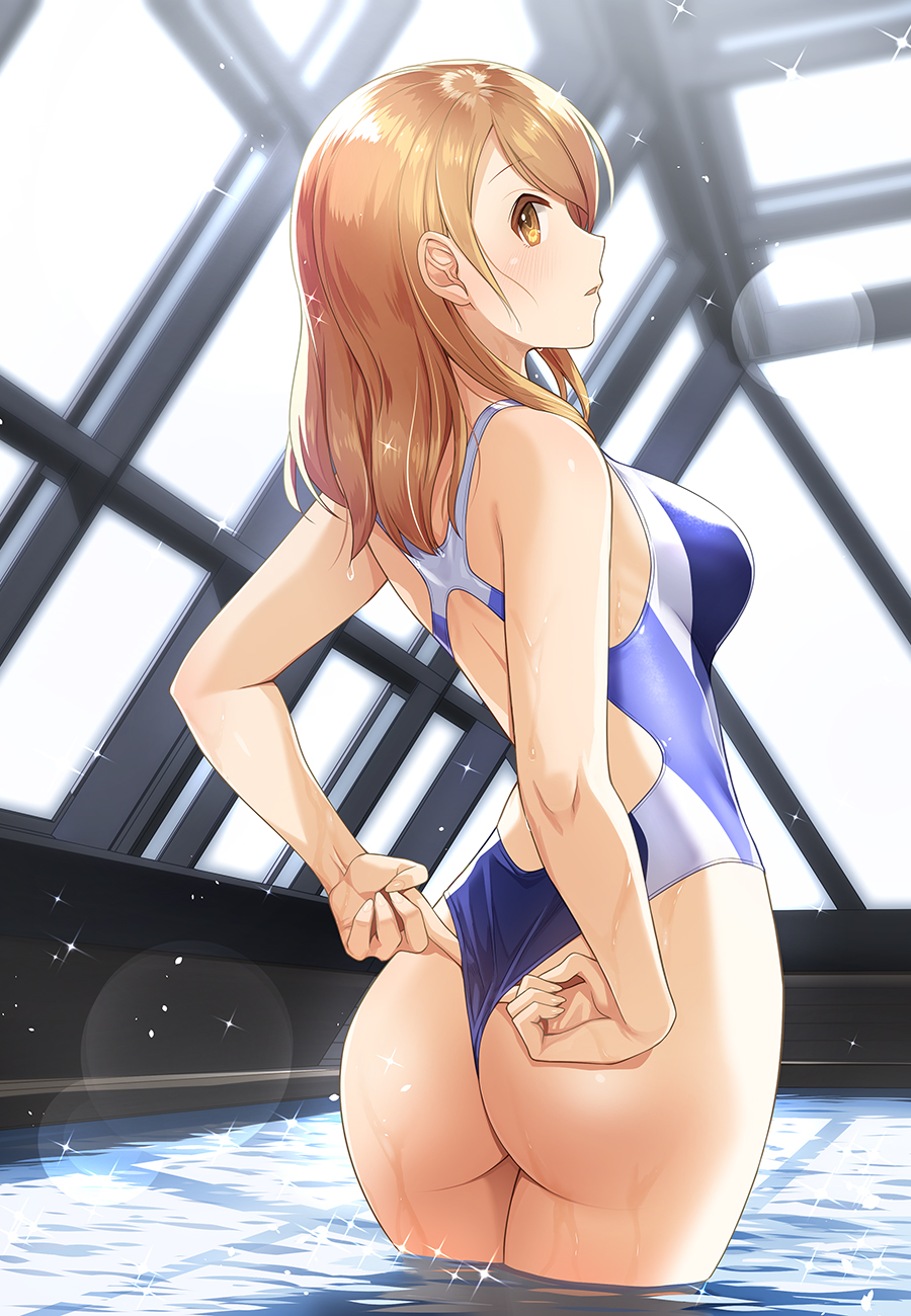 1girl ass bare_arms bare_shoulders blue_swimsuit blush breasts brown_eyes brown_hair commentary_request eyebrows_visible_through_hair from_behind highres houjou_karen idolmaster idolmaster_cinderella_girls in_water indoors kazu large_breasts long_hair looking_at_viewer one-piece_swimsuit open_mouth pool rei_no_pool solo standing swimsuit two-tone_swimsuit wet white_swimsuit