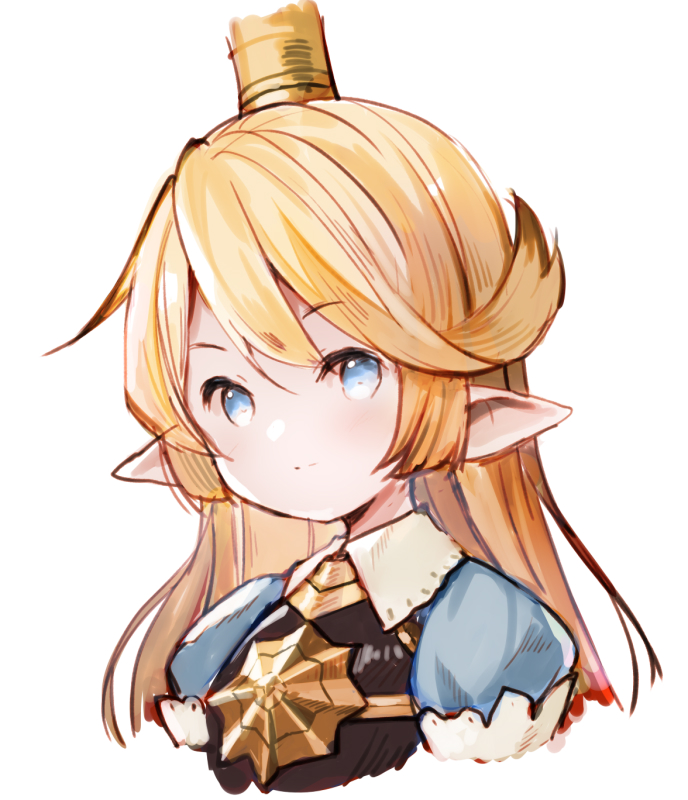 1girl bangs blonde_hair blue_eyes blush breastplate charlotta_fenia closed_mouth cropped_torso crown eyebrows_visible_through_hair granblue_fantasy hair_between_eyes harvin light_smile long_hair meito_(maze) mini_crown pointy_ears puffy_short_sleeves puffy_sleeves short_sleeves simple_background solo upper_body white_background