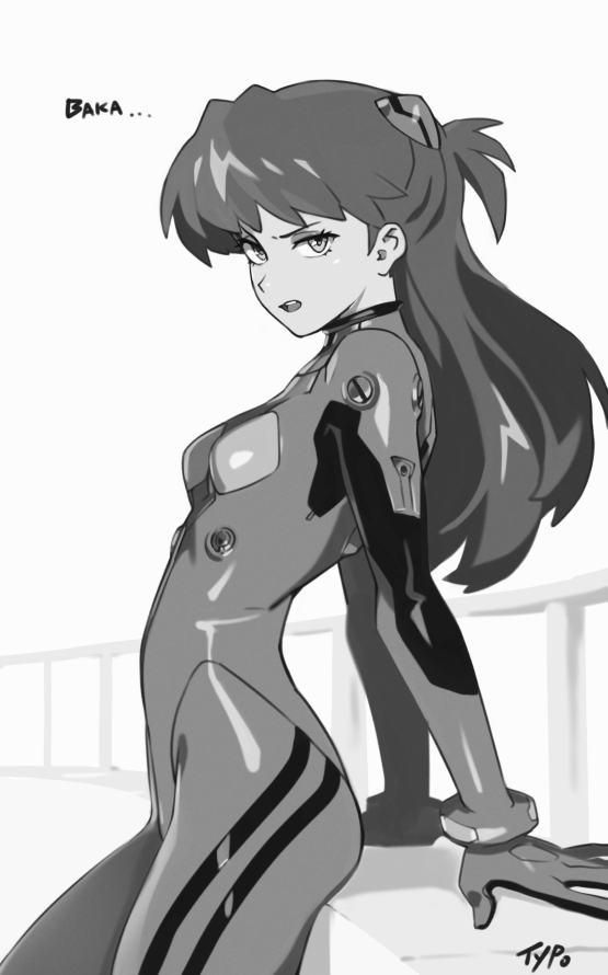 1girl artist_name bodysuit breasts commentary english_commentary greyscale long_hair looking_at_viewer monochrome neon_genesis_evangelion open_mouth optionaltypo pilot_suit plugsuit romaji_text small_breasts solo souryuu_asuka_langley uneven_eyes