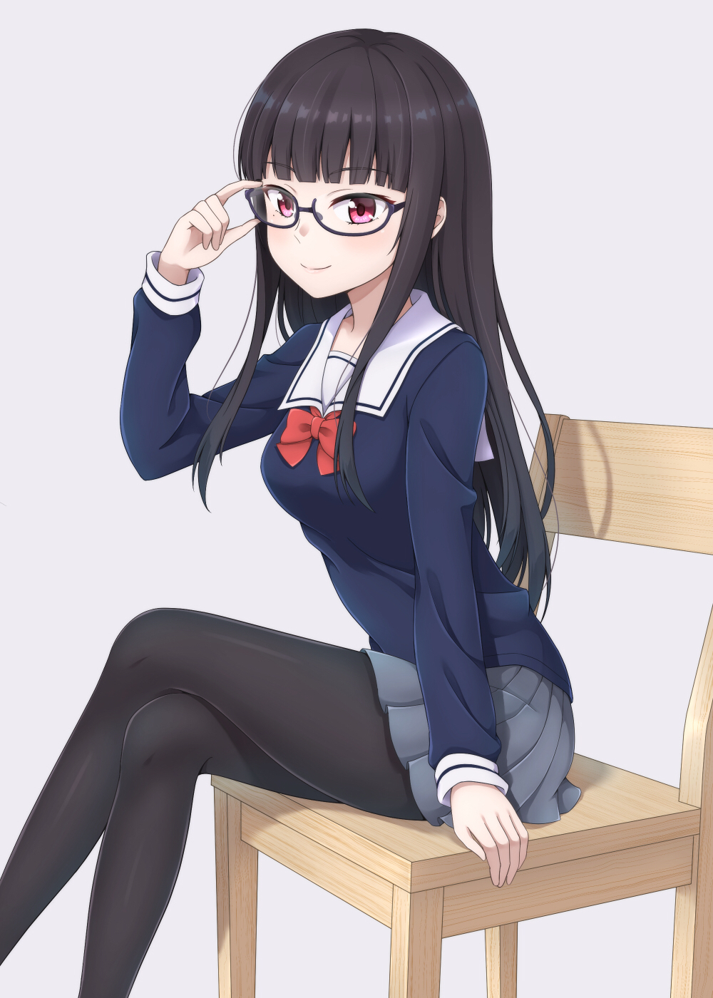 1girl adjusting_eyewear bangs black-framed_eyewear black_hair black_legwear blue_shirt blunt_bangs bow bowtie closed_mouth collared_shirt commentary crossed_legs darknessukaru eyebrows_visible_through_hair glasses grey_background grey_skirt highres long_hair looking_at_viewer miniskirt on_chair original pantyhose pleated_skirt red_neckwear school_uniform shirt simple_background sitting skirt smile solo straight_hair uniform violet_eyes white_shirt wooden_chair