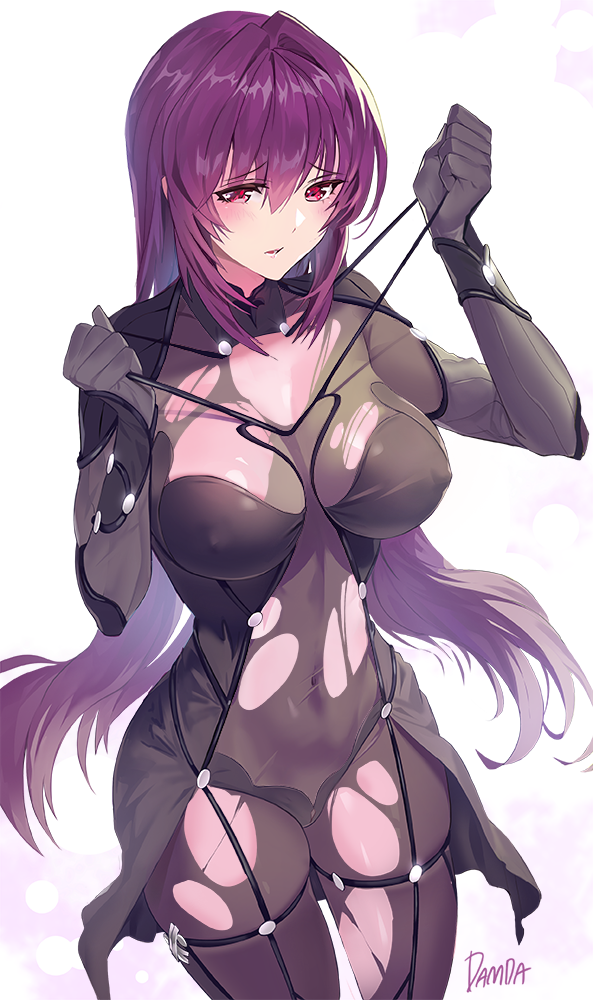 1girl artist_name bangs blush bodysuit breasts commentary_request covered_navel damda fate/grand_order fate_(series) hair_between_eyes hair_intakes large_breasts long_hair looking_at_viewer purple_bodysuit purple_hair red_eyes revision scathach_(fate)_(all) scathach_(fate/grand_order) signature solo thighs