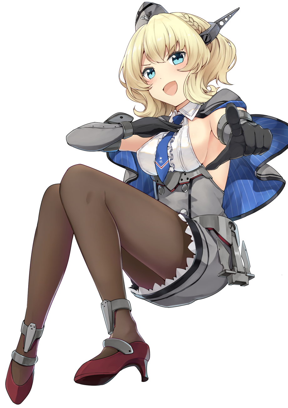 1girl black_gloves black_legwear blonde_hair blue_eyes blue_neckwear blush breasts colorado_(kantai_collection) cover cover_page elbow_gloves full_body garrison_cap gloves grey_headwear hair_between_eyes hat headgear highres ido_(teketeke) kantai_collection large_breasts necktie open_mouth pantyhose pointing pointing_at_viewer shirt short_hair sideboob sleeveless sleeveless_shirt smile solo white_shirt