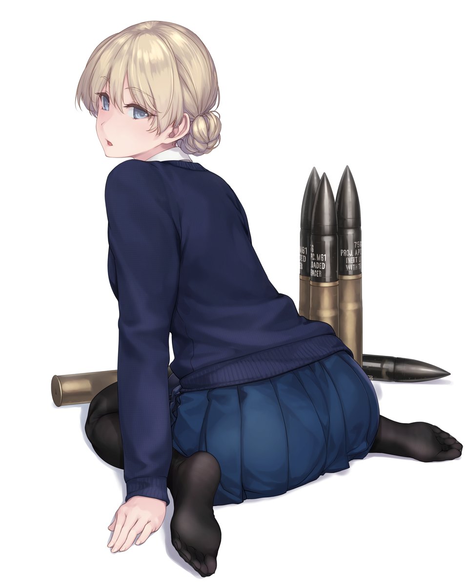 1girl ammunition ass bangs black_legwear blonde_hair blue_eyes blue_skirt braid collar collared_shirt commentary_request darjeeling_(girls_und_panzer) eyebrows_visible_through_hair from_behind full_body girls_und_panzer hair_between_eyes highres long_sleeves looking_at_viewer looking_back military open_mouth pantyhose rokuwata_tomoe school_uniform shadow shells shirt short_hair simple_background sitting skirt solo st._gloriana's_school_uniform tied_hair uniform white_background white_shirt