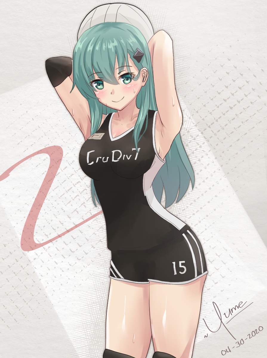 1girl alternate_costume aqua_hair ball black_shirt black_shorts commentary_request cowboy_shot dated elbow_pads green_eyes hair_ornament hairclip highres kantai_collection knee_pads long_hair looking_at_viewer shirt shorts signature sleeveless sleeveless_shirt solo sportswear standing suzuya_(kantai_collection) volleyball volleyball_uniform yume_(mi_yu601)