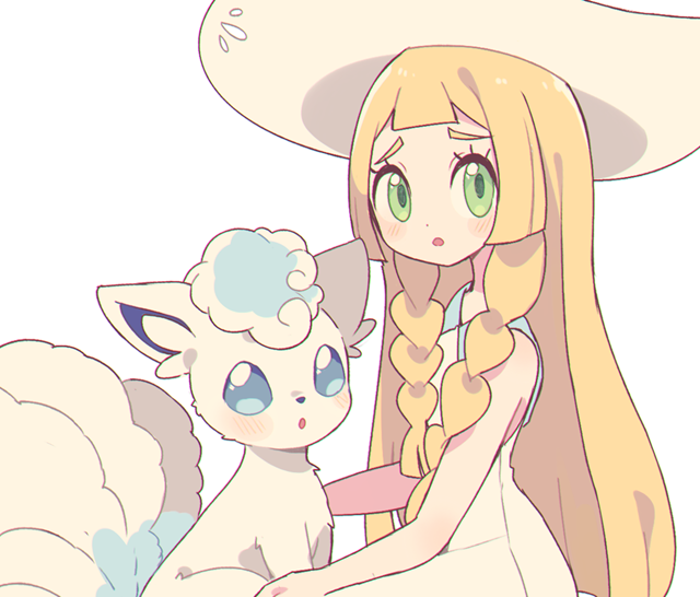 :o alolan_form alolan_vulpix blonde_hair blue_eyes blush clarevoir commentary creature gen_7_pokemon green_eyes hat lillie_(pokemon) long_hair looking_at_viewer pokemon pokemon_(creature) pokemon_(game) pokemon_sm sun_hat symbol_commentary upper_body white_headwear