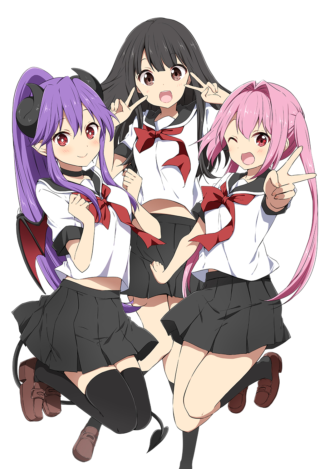 3girls :d ;d bangs black_hair black_legwear black_sailor_collar black_skirt blush breasts brown_eyes brown_footwear chijou_noko chikanoko closed_mouth commentary_request demon_girl demon_horns demon_tail demon_wings double_v eyebrows_visible_through_hair hair_between_eyes hair_intakes hands_up high_ponytail highres horns kneehighs loafers long_hair looking_at_viewer medium_breasts multiple_girls naito_mare one_eye_closed open_mouth outstretched_arm pink_hair pleated_skirt ponytail purple_hair ragho_no_erika red_eyes red_neckwear red_wings sailor_collar school_uniform serafuku shirt shoes short_sleeves simple_background skirt smile tail thigh-highs tsugou_makina twintails v very_long_hair white_background white_shirt wings