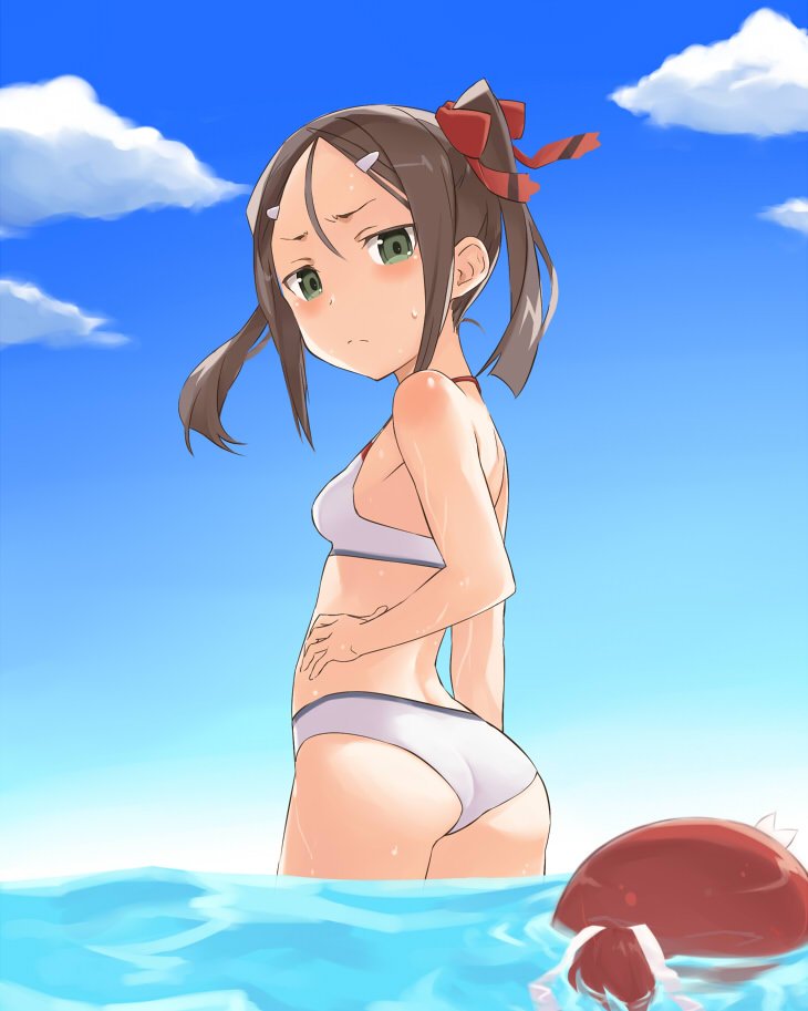 2girls ass back bikini blue_sky breasts brown_hair closed_mouth clouds cloudy_sky commentary day from_behind frown glaring hair_ornament hair_ribbon hairclip looking_at_another looking_back medium_hair miyoshi_karin multiple_girls one_side_up outdoors red_ribbon redhead ribbon shikou_sakugo_(qqap9gt9k) sky small_breasts standing submerged swimsuit water wet white_bikini yuuki_yuuna yuuki_yuuna_wa_yuusha_de_aru yuusha_de_aru