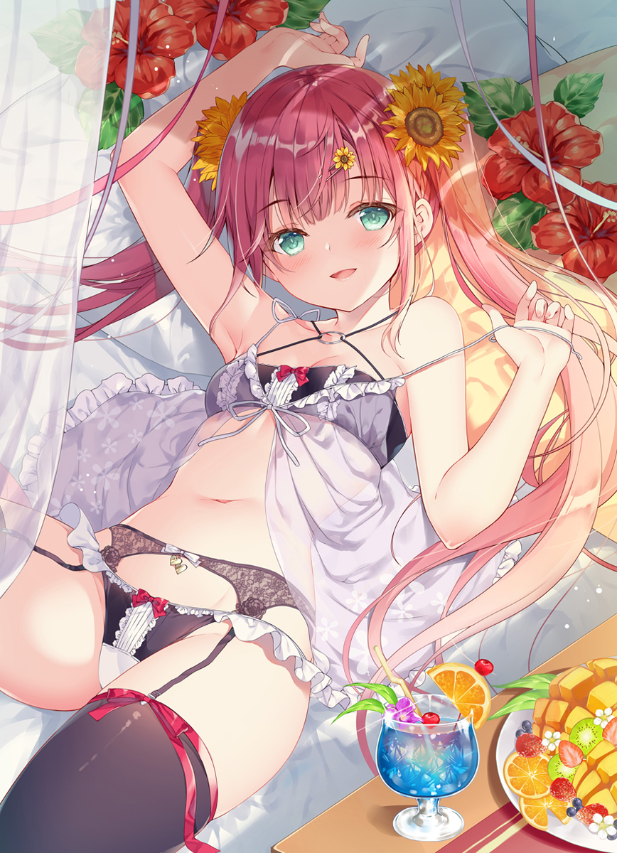 1girl aqua_eyes arm_up armpits babydoll bare_arms bare_shoulders black_bra black_legwear black_panties bra breasts collarbone criss-cross_halter cup drinking_glass flower frilled_panties frills garter_belt hair_flower hair_ornament hairclip halterneck hand_up hibiscus highres lingerie long_hair looking_at_viewer lying miwabe_sakura navel on_back open_mouth original panties pink_hair plate see-through small_breasts smile solo spaghetti_strap stomach strap_pull sunflower thigh-highs thighs tropical_drink twintails underwear underwear_only