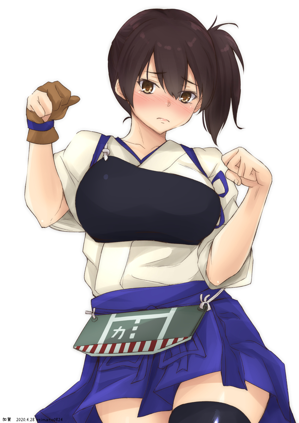 1girl blush brown_eyes brown_hair character_name cowboy_shot dated ears embarrassed gloves highres kaga_(kantai_collection) kantai_collection light_frown looking_at_viewer muneate partly_fingerless_gloves paw_pose side_ponytail simple_background solo tasuki thigh-highs timato twitter_username white_background yugake zettai_ryouiki