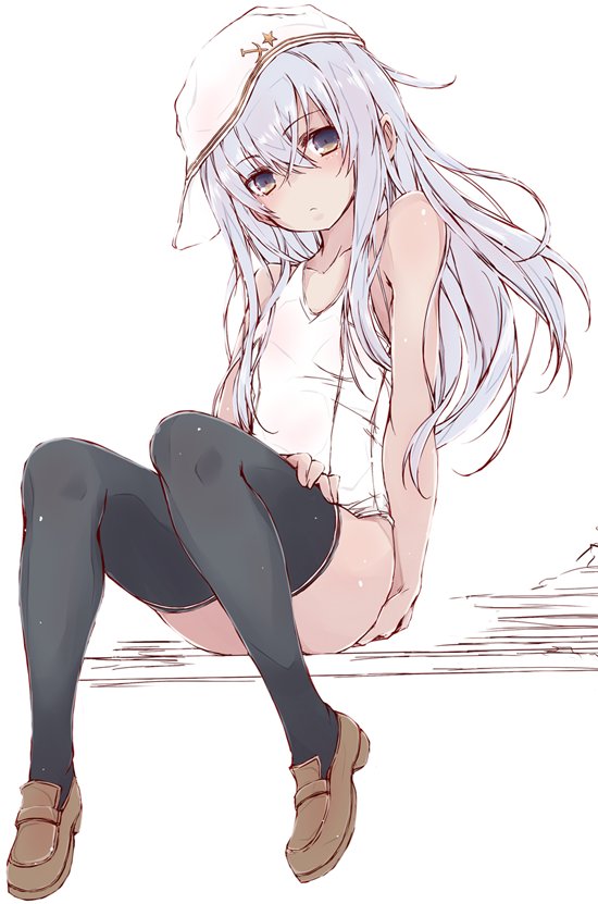 1girl black_legwear blue_eyes brown_footwear flat_cap hammer_and_sickle hat hibiki_(kantai_collection) kantai_collection loafers long_hair looking_at_viewer new_school_swimsuit school_swimsuit shoes silver_hair simple_background solo swimsuit thigh-highs verniy_(kantai_collection) white_headwear white_school_swimsuit white_swimsuit yumesato_makura