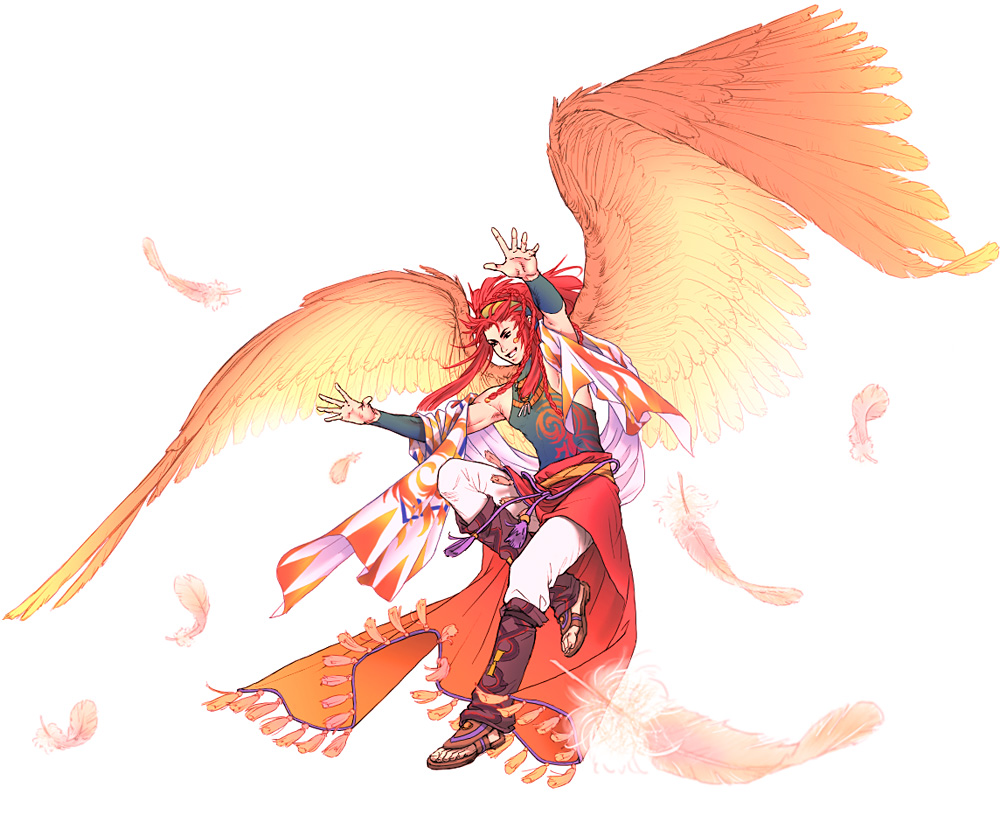 1boy braid falling_feathers feathered_wings feathers flying harukanaru_toki_no_naka_de harukanaru_toki_no_naka_de_4 headband kiske long_hair male_focus multiple_braids outstretched_arms red_feathers redhead sazaki shawl solo wings