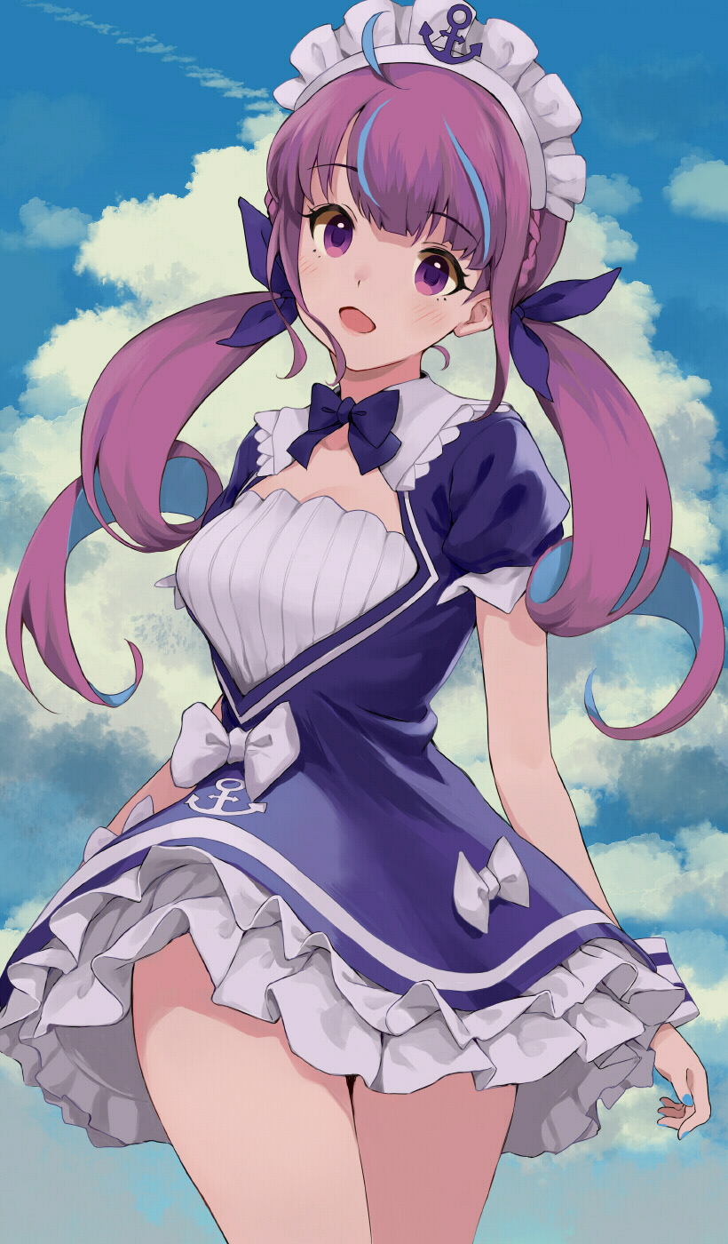 1girl :d ahoge anchor anchor_symbol bangs blue_bow blue_dress blue_hair blue_ribbon blue_sky blush bow braid breasts clouds cloudy_sky commentary_request day dress eyebrows_visible_through_hair frilled_dress frills hair_ribbon highres hololive kirarin369 long_hair maid_headdress medium_breasts minato_aqua multicolored_hair open_mouth outdoors puffy_short_sleeves puffy_sleeves purple_hair ribbon short_sleeves sidelocks sky smile solo twintails two-tone_hair very_long_hair violet_eyes virtual_youtuber white_bow
