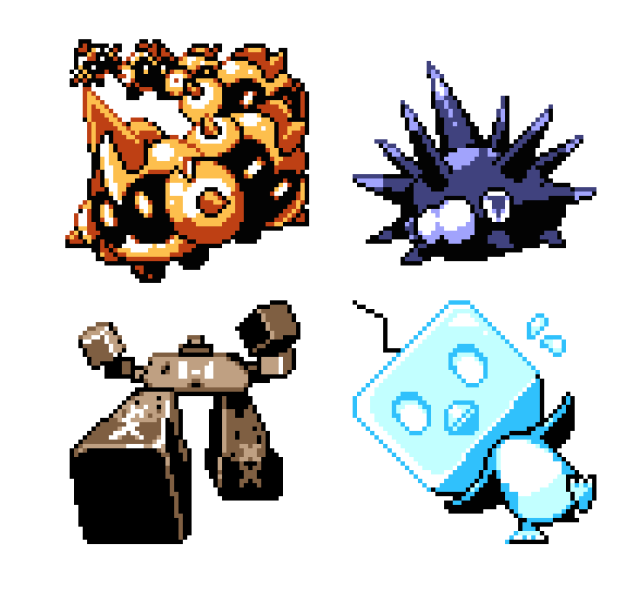 bird commentary eiscue eiscue_(ice) english_commentary falinks gen_8_pokemon looking_at_viewer multiple_monochrome pat_attackerman pincurchin pixel_art pokemon simple_background sprite standing standing_on_one_leg stonjourner walking white_background