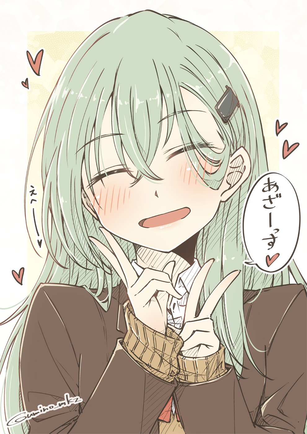 1girl aqua_hair bangs blush closed_eyes commentary_request crossed_bangs double_v eyebrows_visible_through_hair hair_between_eyes hair_ornament hairclip heart highres jacket kantai_collection long_hair long_sleeves open_mouth simple_background solo suzuya_(kantai_collection) twitter_username umino_mokuzu_(shizumisou) upper_body v white_background