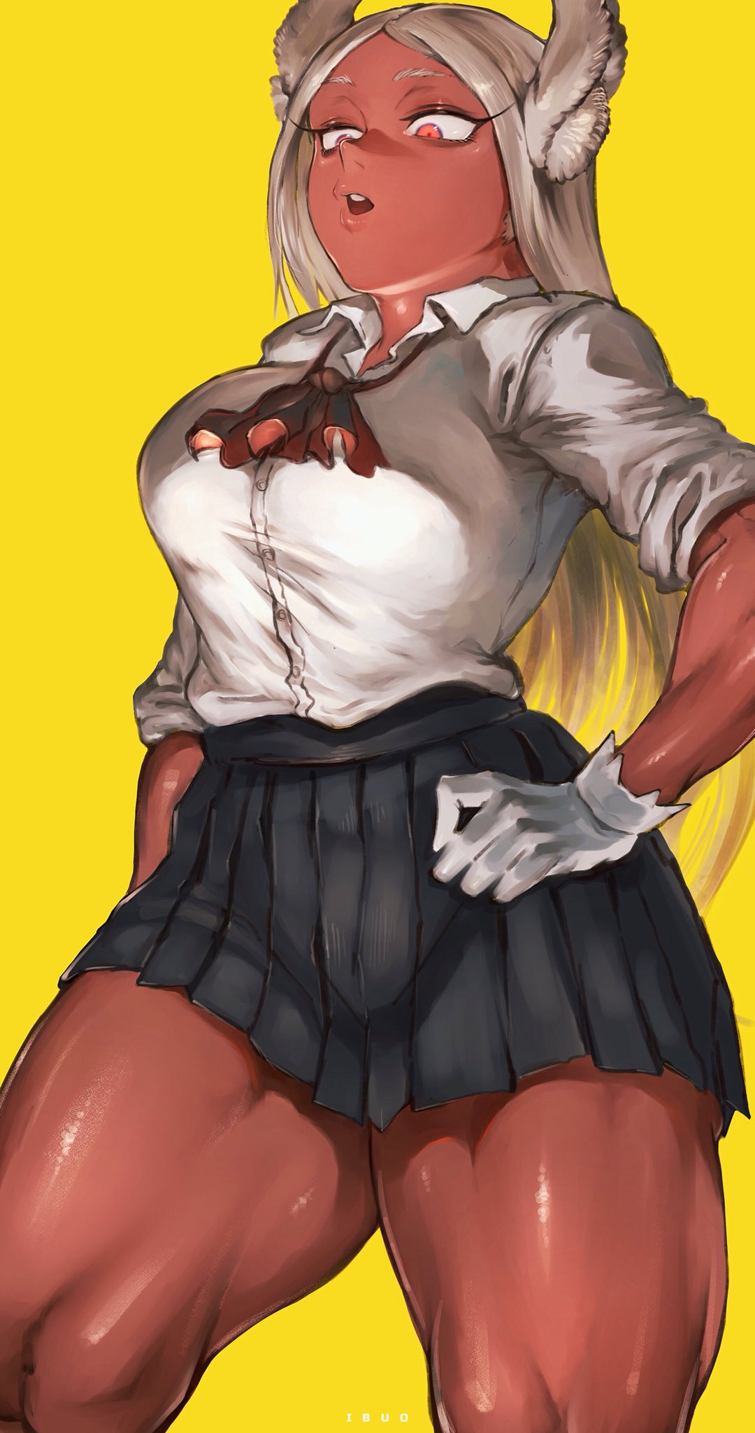 1girl animal_ear_fluff animal_ears arm_at_side bangs black_skirt boku_no_hero_academia breasts collared_shirt cowboy_shot dark_skin dress_shirt gloves hand_on_hip highres ibuo_(ibukht1015) large_breasts long_hair looking_down mirko neckerchief open_mouth parted_bangs pleated_skirt rabbit_ears red_neckwear round_teeth shirt simple_background skirt solo standing teeth thick_thighs thighs upper_teeth white_gloves white_hair white_shirt wing_collar yellow_background