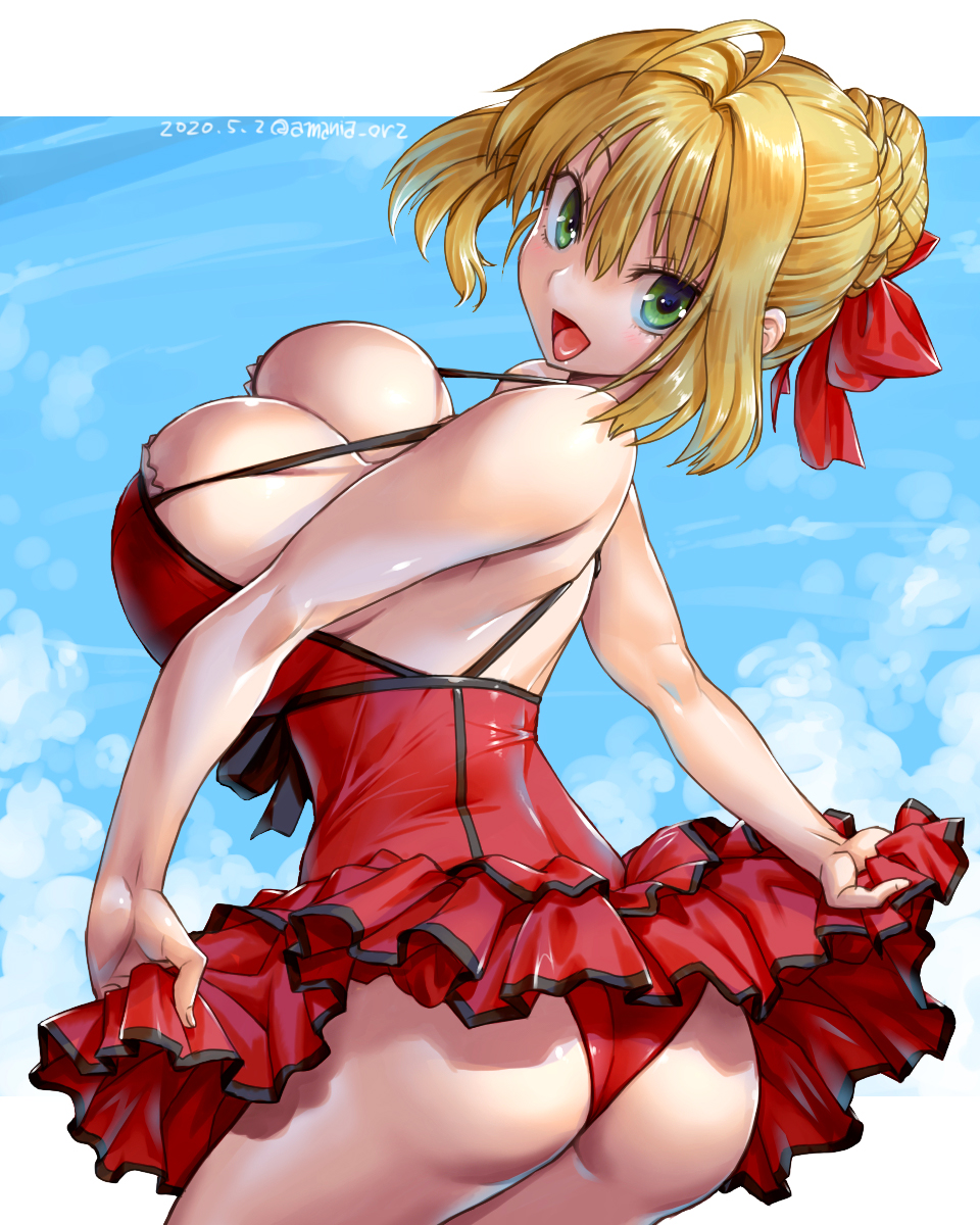 1girl ahoge amania_orz blonde_hair braid braided_bun breasts dated eyebrows_visible_through_hair fate_(series) green_eyes hair_between_eyes hair_ribbon highres large_breasts looking_at_viewer nero_claudius_(fate) nero_claudius_(fate)_(all) open_mouth red_ribbon red_swimsuit ribbon shiny shiny_hair shiny_skin simple_background solo swimsuit