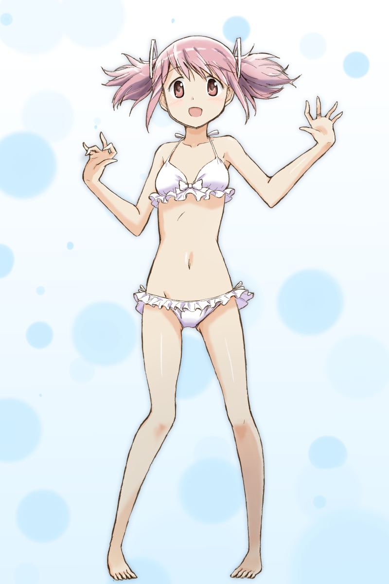 1girl barefoot bikini breasts collarbone commentary_request cowboy_shot frilled_bikini frills front-tie_top full_body highres jewelry kaname_madoka kinfuji looking_at_viewer mahou_shoujo_madoka_magica pink_eyes pink_hair ring short_twintails side-tie_bikini small_breasts solo standing swimsuit twintails wedding_band white_bikini