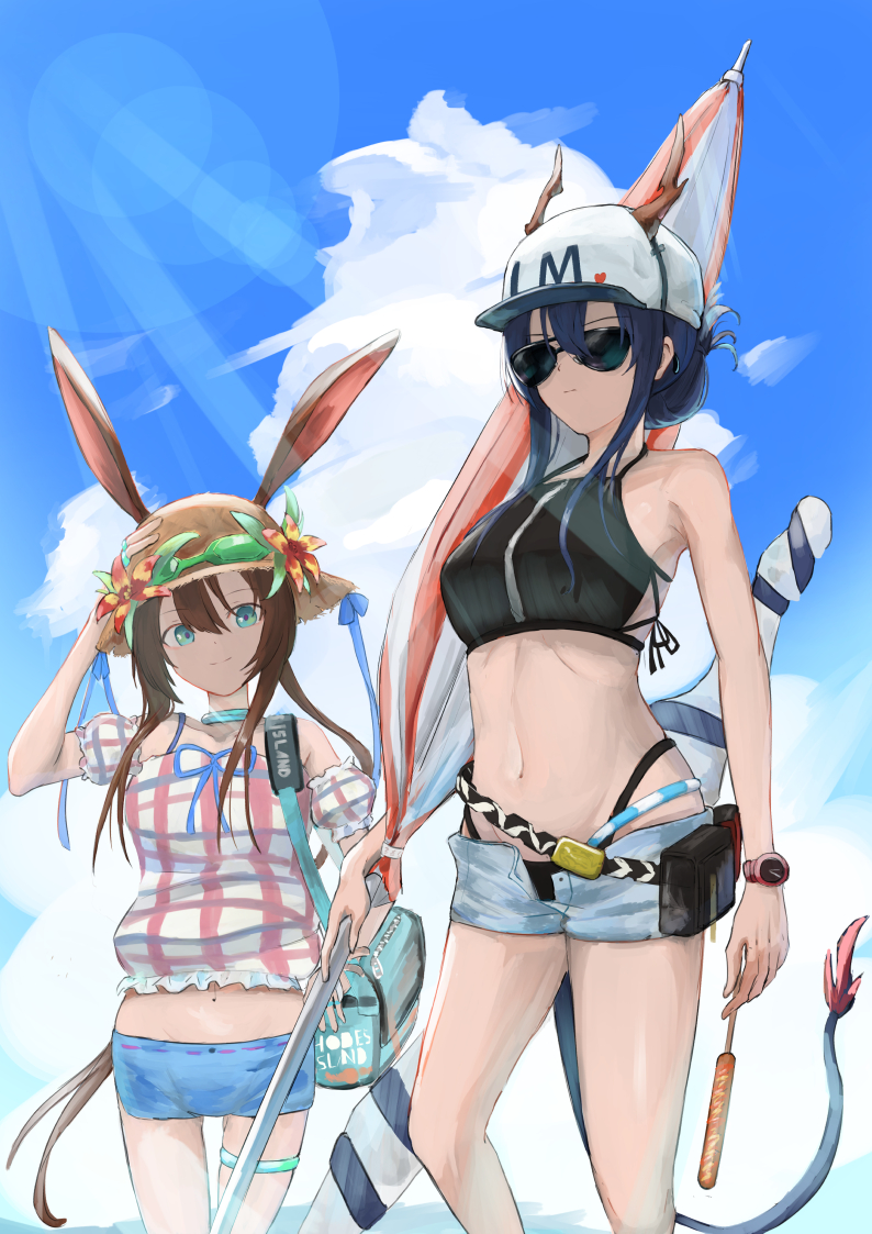2girls alternate_hairstyle amiya_(arknights) animal_ears arknights bangs bare_arms bare_shoulders baseball_cap beach_umbrella bikini black_bikini blue_eyes blue_hair blue_shorts blue_sky brown_hair ch'en_(arknights) clouds commentary_request cowboy_shot crop_top day detached_sleeves dragon_horns dragon_tail ears_through_headwear flower folded_ponytail food hair_between_eyes hat hat_flower highleg highleg_bikini holding holding_food holding_umbrella horns horns_through_headwear jewelry lens_flare light_rays long_hair looking_at_viewer multiple_girls navel neck_ring pouch puffy_short_sleeves puffy_sleeves rabbit_ears rokon short_shorts short_sleeves shorts sky smile standing stomach sun_hat sunglasses swimsuit tail thighlet thighs umbrella very_long_hair watch watch