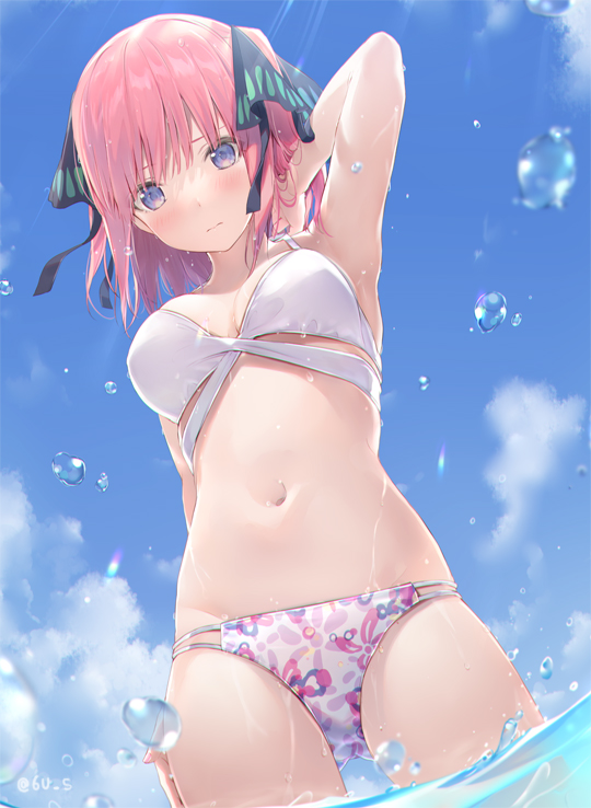 1girl 6u_(eternal_land) arm_up armpits bare_shoulders bikini blush breasts clouds day floral_print from_below go-toubun_no_hanayome groin hair_ornament looking_at_viewer medium_breasts nakano_nino navel outdoors pink_hair short_hair sky solo stomach sunlight swimsuit thighs violet_eyes wading water white_bikini