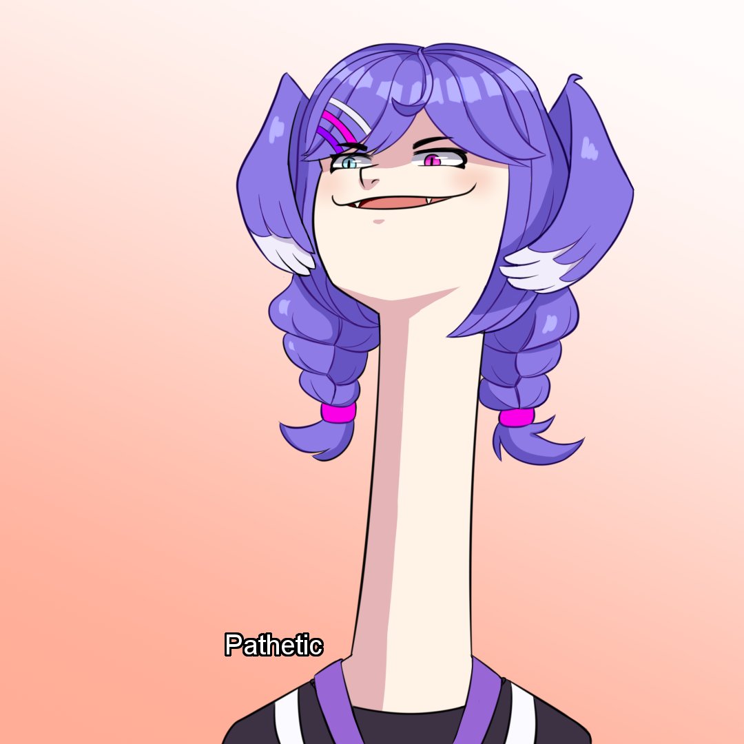 1girl black_sweater blue_eyes braid english_commentary fangs hair_ornament hairclip long_neck medium_hair meme nijisanji nijisanji_en open_mouth parody pathetic_(meme) pfffffffupple portrait selen_tatsuki smile smug solo subtitled sweater twin_braids violet_eyes virtual_youtuber