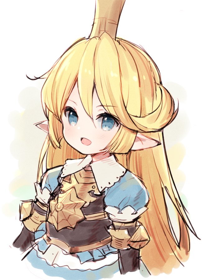 1girl :d blonde_hair blue_dress blue_eyes blush charlotta_fenia crown dress granblue_fantasy harvin long_hair looking_at_viewer meito_(maze) mini_crown open_mouth pointy_ears puffy_short_sleeves puffy_sleeves short_sleeves sidelocks smile solo very_long_hair white_background