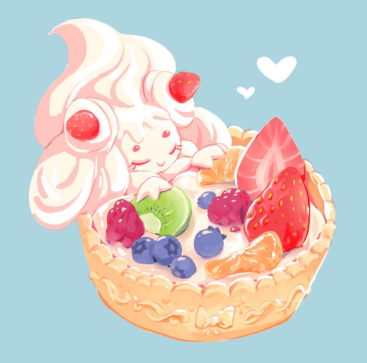 alcremie blue_background closed_mouth commentary cutiekaboom english_commentary food fruit gen_8_pokemon grapes happy pokemon simple_background smile solo strawberry