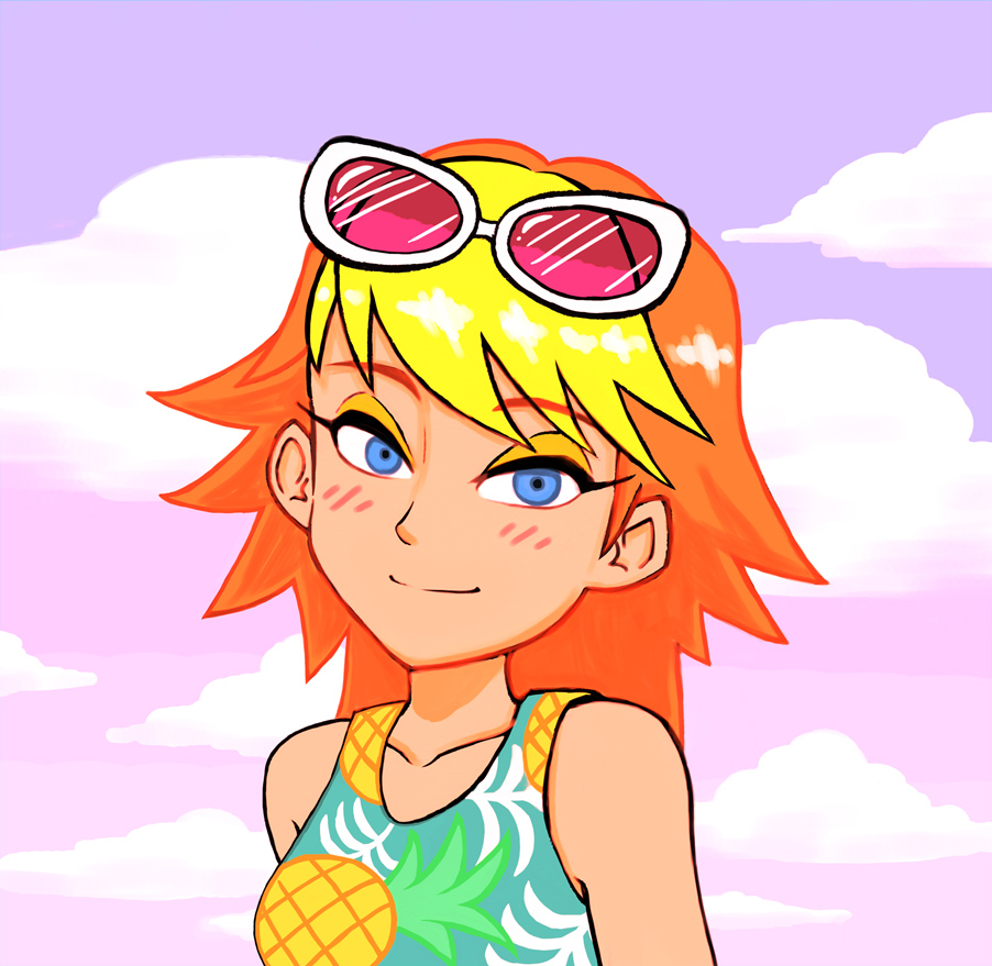 1girl bangs bare_shoulders bekio blue_eyes closed_mouth clouds collarbone doubutsu_no_mori eyebrows_visible_through_hair eyeshadow eyewear_on_head long_hair looking_at_viewer makeup monika_(doubutsu_no_mori) multicolored_hair orange_hair outdoors personification pineapple_print smile solo sunglasses twilight two-tone_hair upper_body white-framed_eyewear yellow_eyeshadow