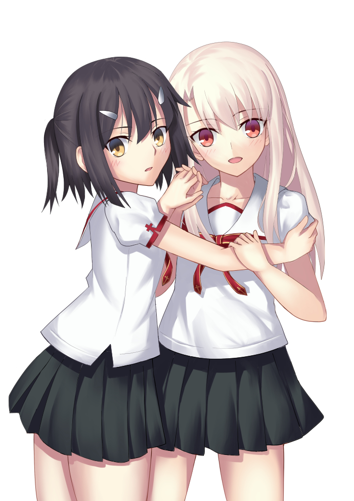 2girls bangs black_hair blush breasts collared_shirt fate/kaleid_liner_prisma_illya fate_(series) homurahara_academy_uniform illyasviel_von_einzbern long_hair looking_at_viewer mishiro0229 miyu_edelfelt multiple_girls neck_ribbon open_mouth pleated_skirt puffy_short_sleeves puffy_sleeves red_eyes red_ribbon ribbon sailor_collar shirt short_sleeves simple_background skirt small_breasts white_hair white_sailor_collar white_shirt