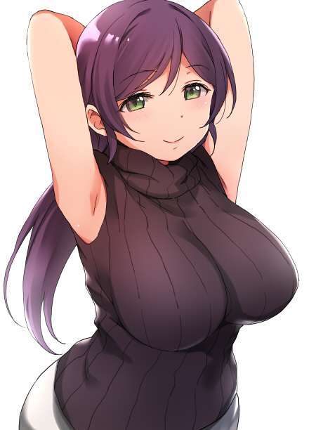 1girl armpits arms_behind_head black_sweater breasts closed_mouth deyuuku eyebrows_visible_through_hair green_eyes large_breasts long_hair looking_at_viewer love_live! love_live!_school_idol_project low_twintails purple_hair ribbed_sweater simple_background sleeveless_sweater smile solo sweater toujou_nozomi turtleneck turtleneck_sweater twintails white_background