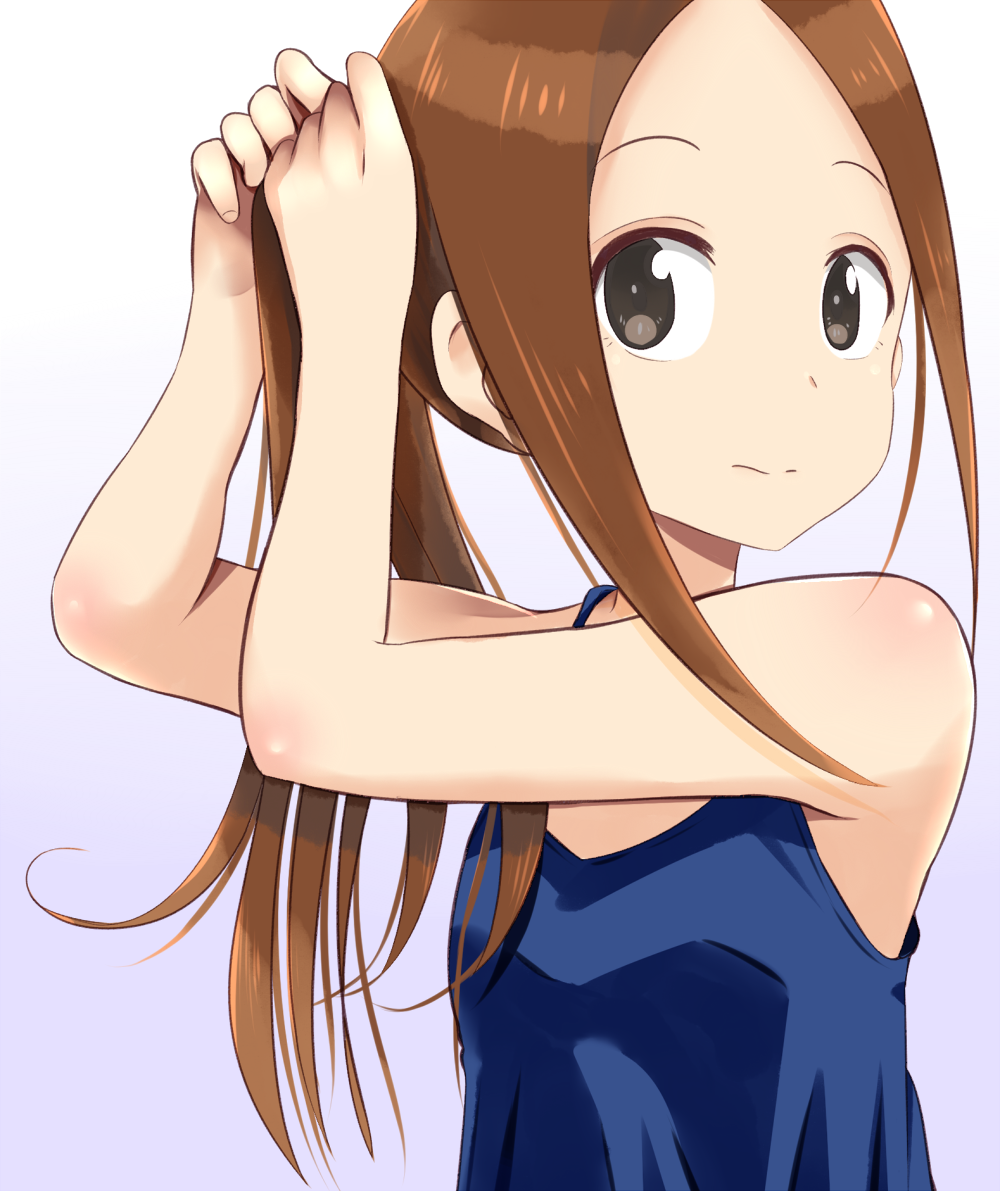 bare_arms bare_shoulders blue_shirt bonfurai brown_eyes brown_hair closed_mouth karakai_jouzu_no_takagi-san loli long_hair looking_at_viewer ponytail shirt takagi-san tank_top tying_hair