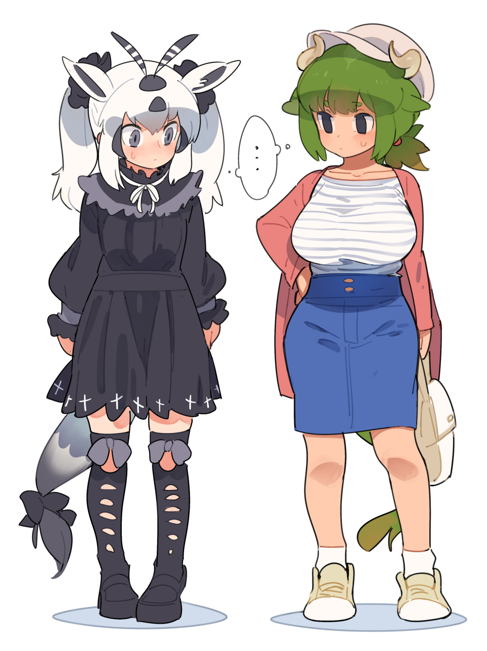 ... 2girls alternate_costume animal_ears antenna_hair arabian_oryx_(kemono_friends) arm_at_side arms_at_sides aurochs_(kemono_friends) bag bangs black_dress black_eyes black_hair breasts buttons cardigan casual closed_mouth collarbone contemporary cow_ears cow_horns cow_tail dress empty_eyes full_body green_hair grey_eyes hair_between_eyes hair_ornament hair_scrunchie hand_on_hip hat highres horns kazue1000 kemono_friends kneehighs long_hair long_sleeves looking_at_another looking_to_the_side medium_hair medium_skirt multicolored_hair multiple_girls neck_ribbon open_cardigan open_clothes oryx_ears oryx_tail pencil_skirt ponytail ribbon scrunchie shirt shoes short_ponytail side-by-side sidelocks simple_background skirt socks standing tail twintails two-tone_hair white_background white_hair