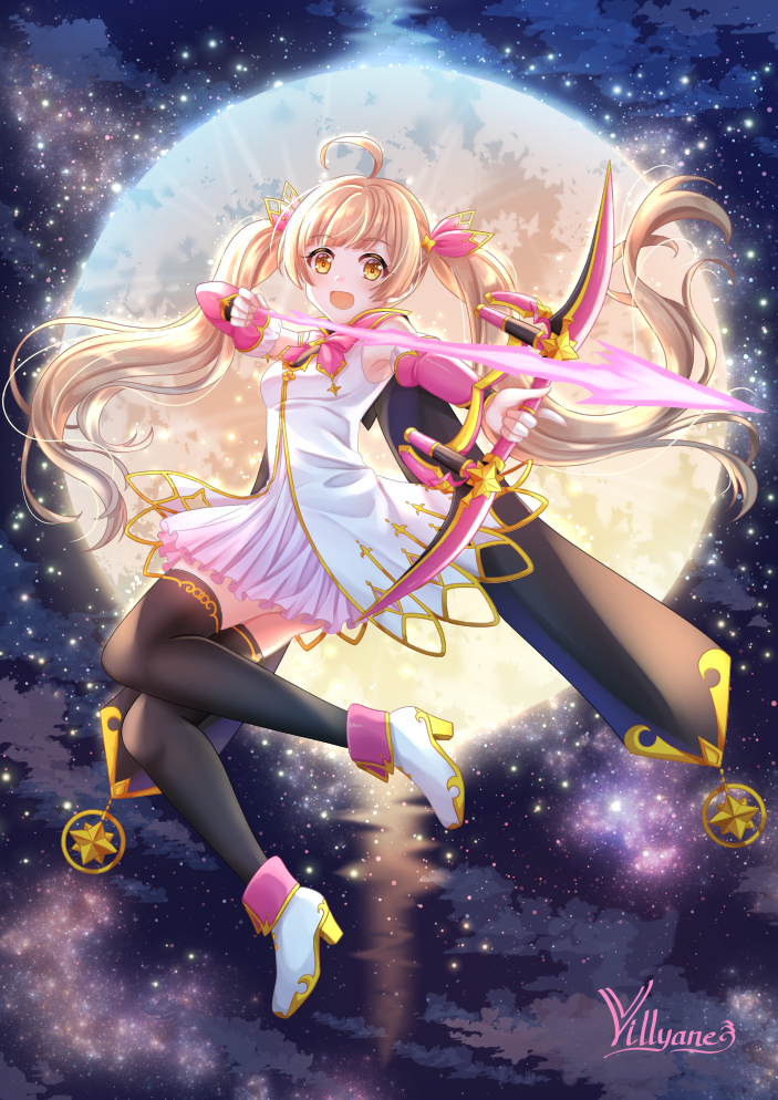 1girl ahoge artist_name black_legwear blonde_hair bow commentary detached_sleeves dress energy_arrow english_commentary eyebrows_visible_through_hair full_moon hair_between_eyes hair_ornament hakozaki_serika high_heels idolmaster idolmaster_million_live! jacket looking_at_viewer moon night night_sky open_mouth pose purple_dress sky sleeveless sleeveless_jacket solo thigh-highs twintails villyane white_jacket yellow_eyes