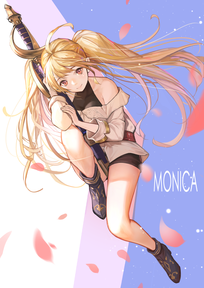 1girl ahoge bangs bare_shoulders black_footwear blonde_hair character_name closed_mouth full_body granblue_fantasy holding holding_sword holding_weapon layered_clothing legs long_hair looking_at_viewer monika_weisswind off-shoulder_shirt off_shoulder red_eyes shirt sitting smile solo sword twintails weapon ya99ru