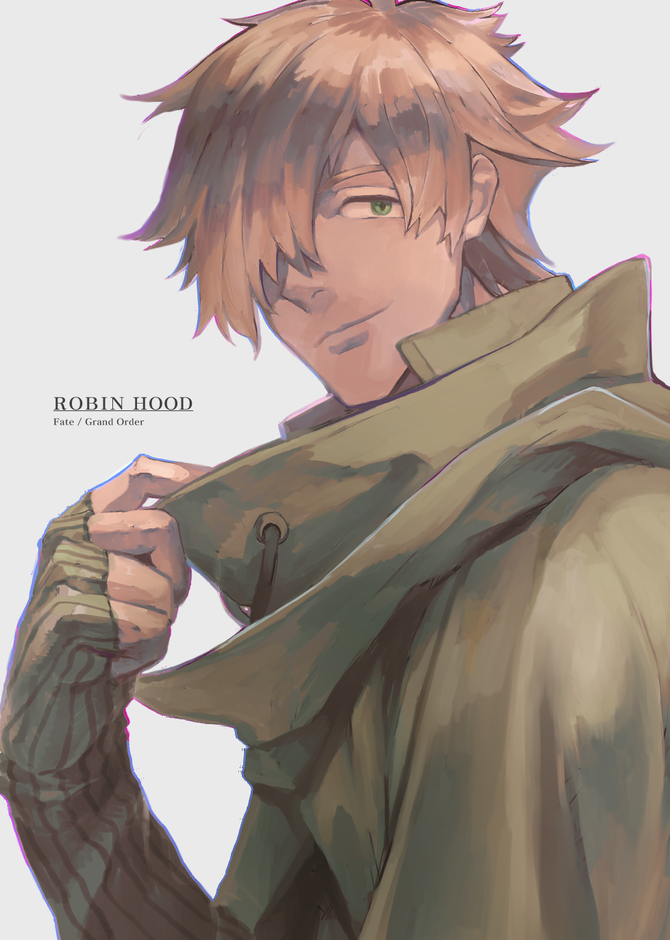 1boy brown_hair character_name closed_mouth english_text face fate_(series) fingerless_gloves gloves green_eyes green_gloves grey_background hair_over_one_eye hakoito highres male_focus robin_hood_(fate) simple_background smile solo upper_body